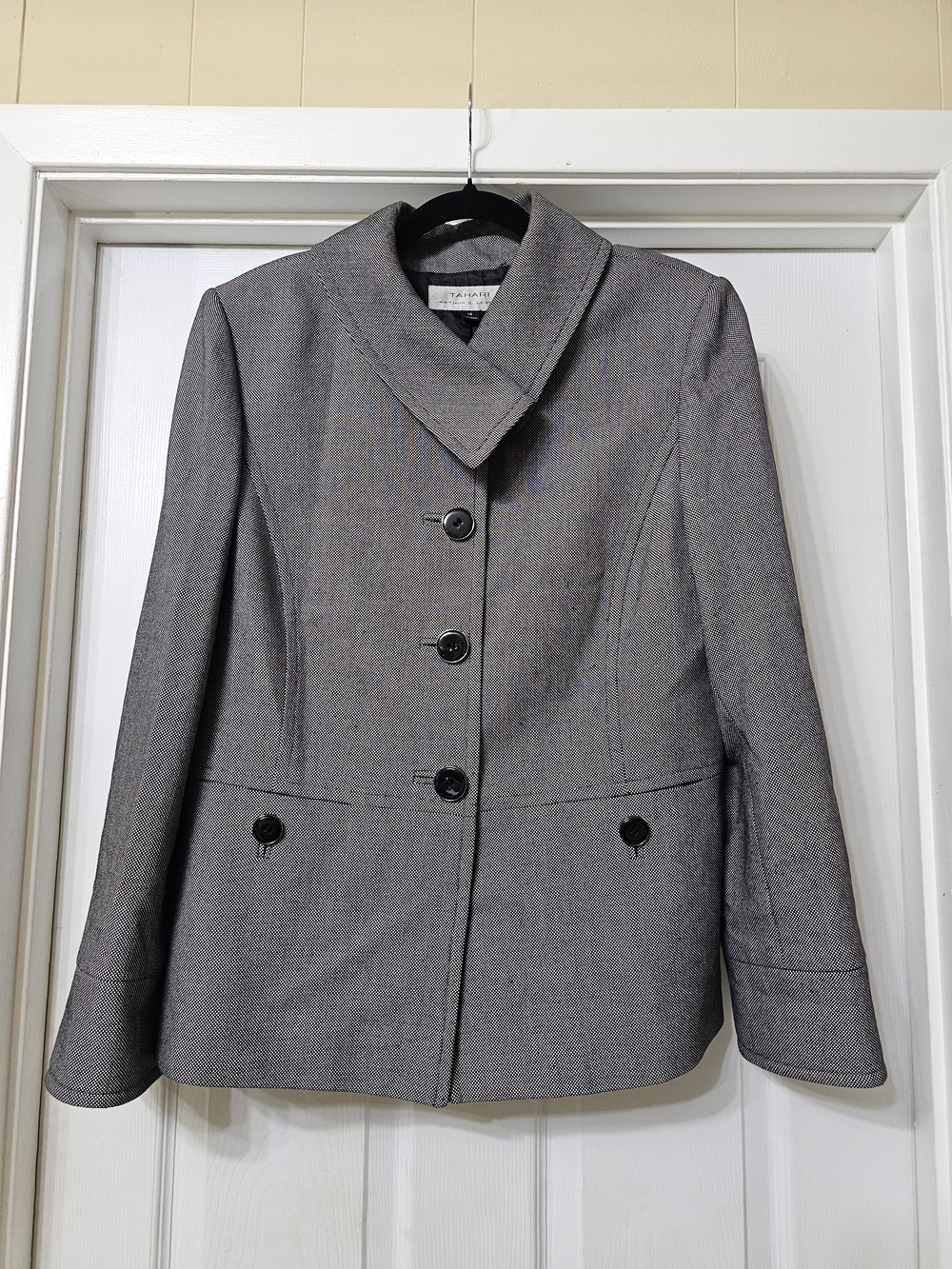 Tahari Gray Women's Tailored Button Blazer with Stand Collar